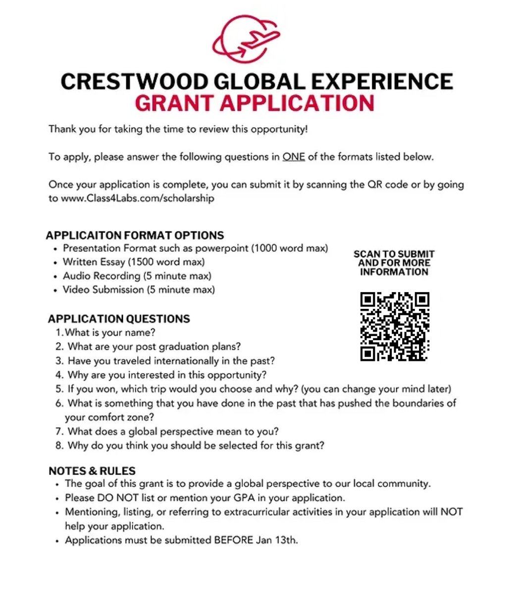 Crestwood Global Experience Grant Application form with QR code for submission.